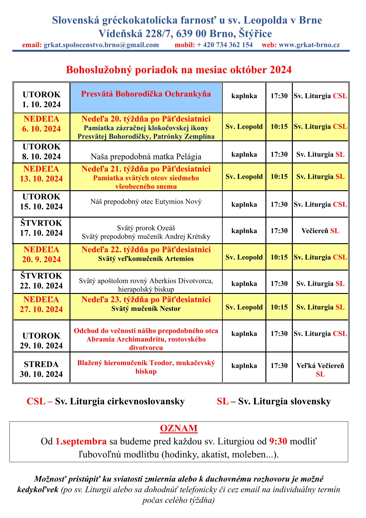 Rozpis bohoslužieb na október/říjen 2024